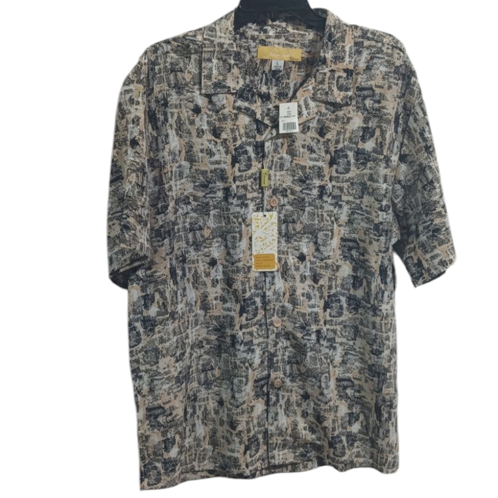 Men's Silver Silk Abstract Print Shirt - Black and cream